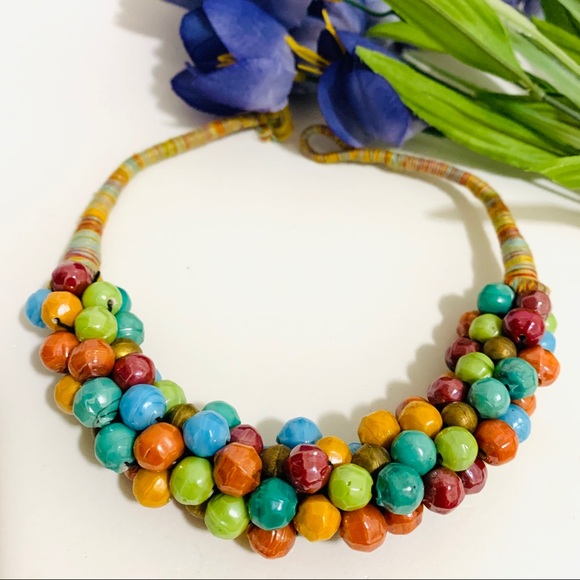 Ceramic multi Bead Woven Thread necklace - Picture 8 of 11